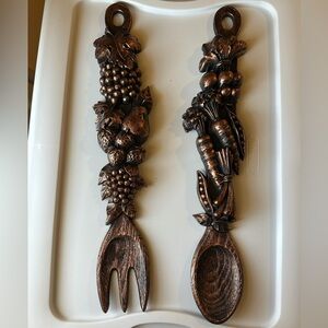 Vintage 1976 Dart Industries Spoon & Fork Wall Plaques Faux Copper Finish